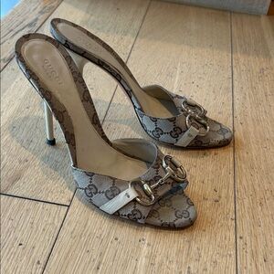 Gucci Monogram Beige Heeled Mules vintage 8 1/2 B